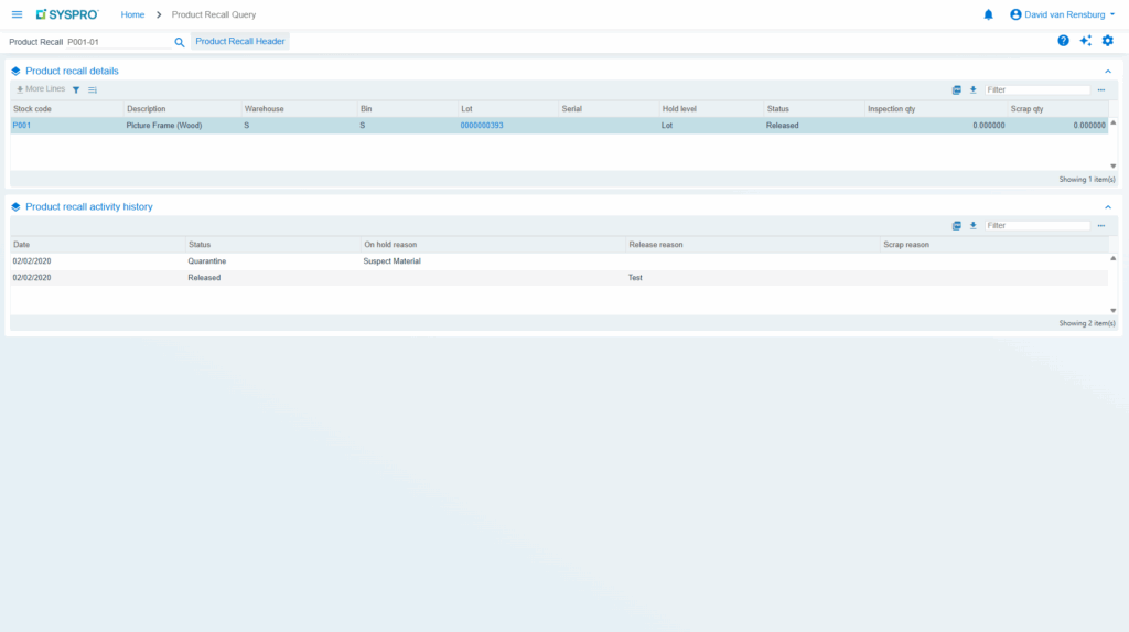 Lot Traceability dashboard